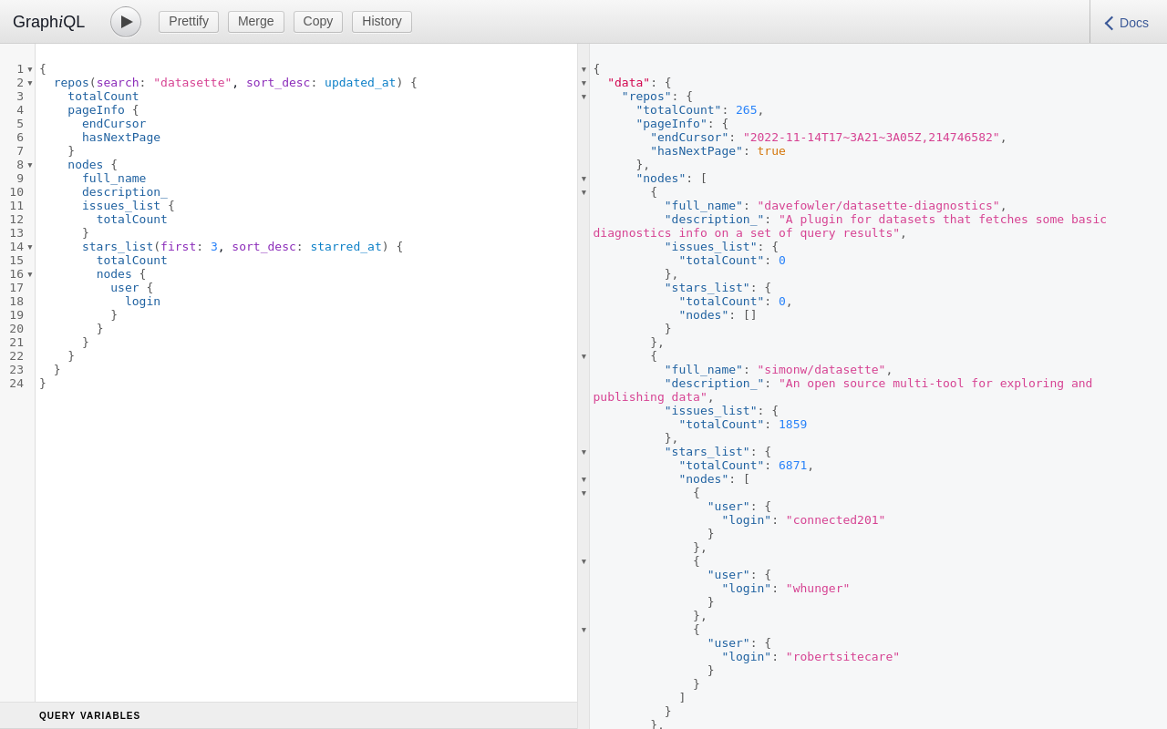 Screenshot of the GraphiQL GraphQL explorer interface running in Datasette, showing an example GraphQL query and the JSON response