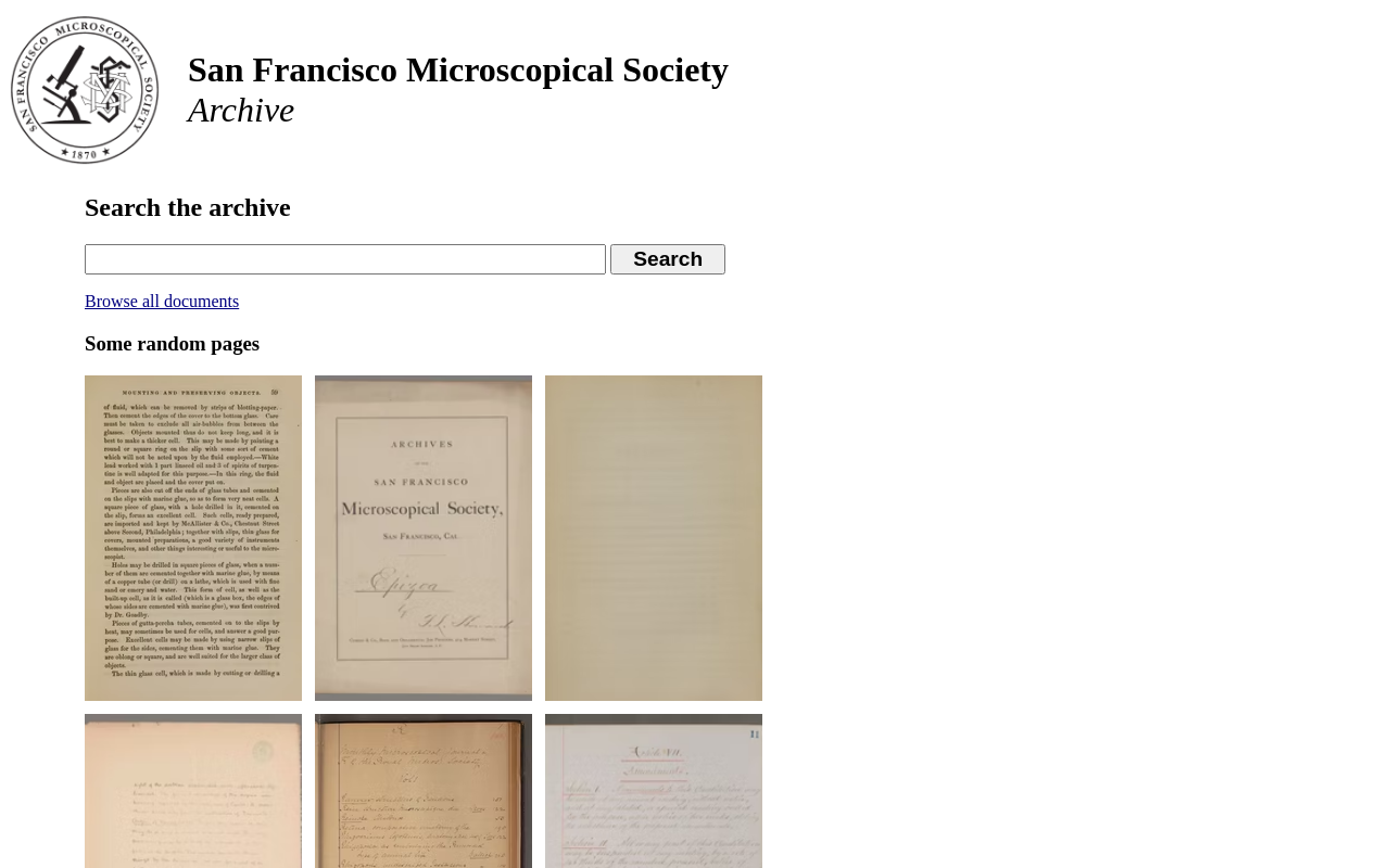 Screenshot of the homepage of the San Francisco Microscopical Society Archive website, showing thumbnails of scanned PDF pages